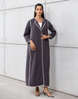 Structured Abaya in Gray with White Detailing