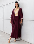 Luxury Silk Kaftan in Plum with Gold Embroidery
