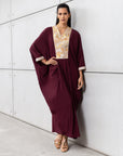 Luxury Silk Kaftan in Plum with Gold Embroidery
