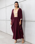 Luxury Silk Kaftan in Plum with Gold Embroidery