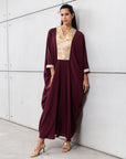 Luxury Silk Kaftan in Plum with Gold Embroidery