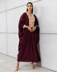 Luxury Silk Kaftan in Plum with Gold Embroidery