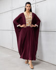 Luxury Silk Kaftan in Plum with Gold Embroidery