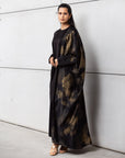 Luxury Abaya in Midnight Noir with Golden Brushstrokes