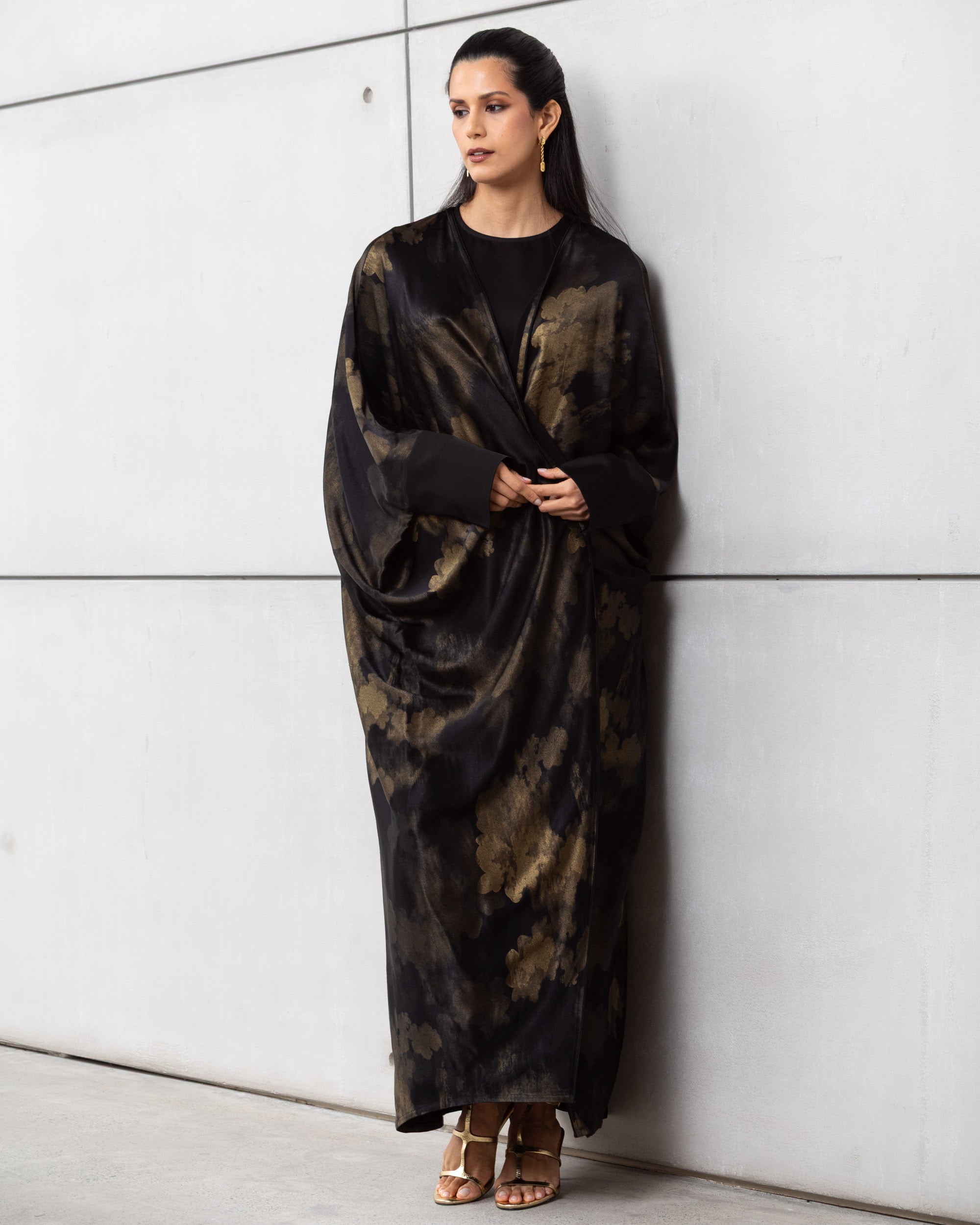Luxury Abaya in Midnight Noir with Golden Brushstrokes