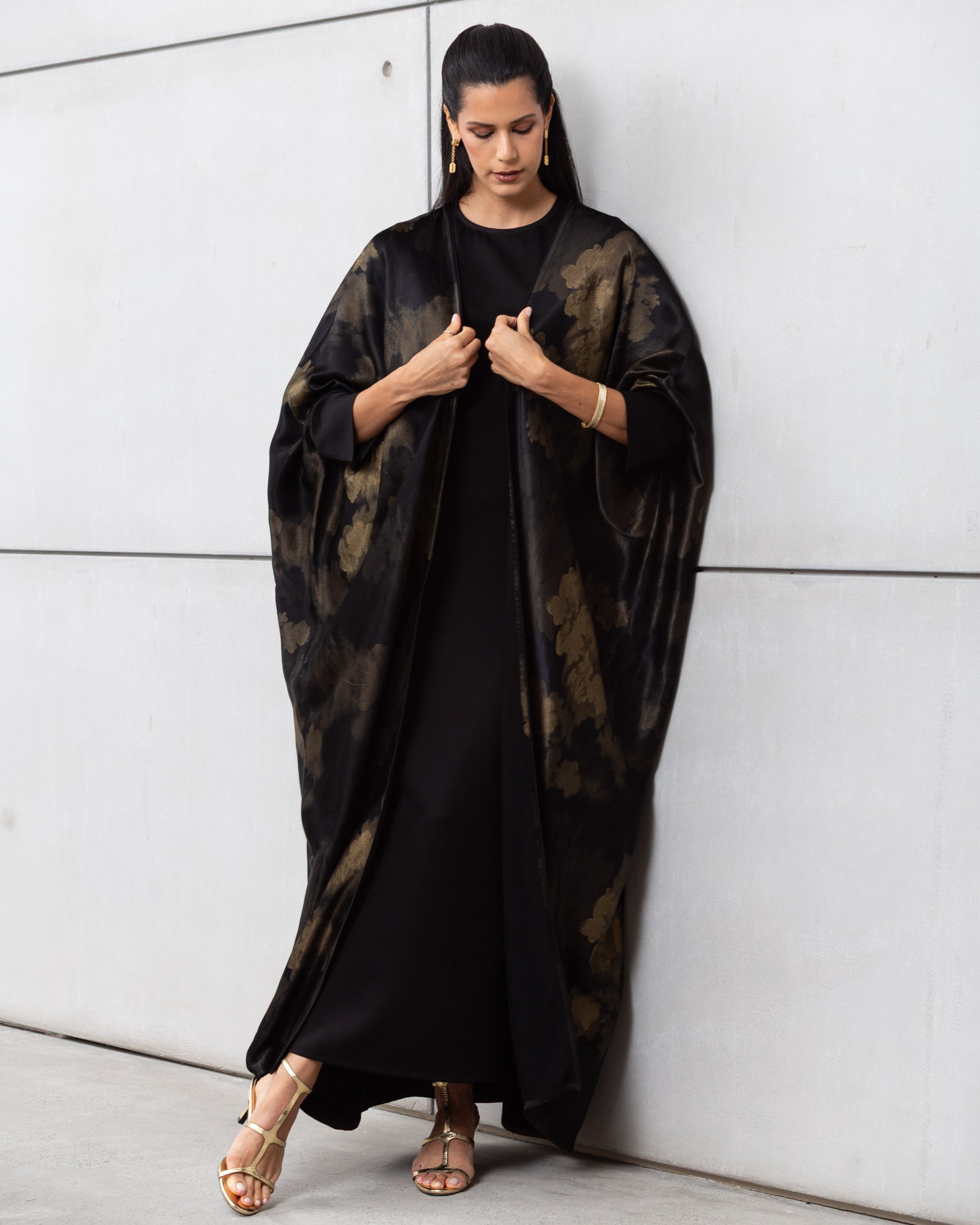 Luxury Abaya in Midnight Noir with Golden Brushstrokes
