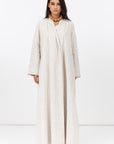 Stripe Linen Abaya in Beige with Button Closing RTW