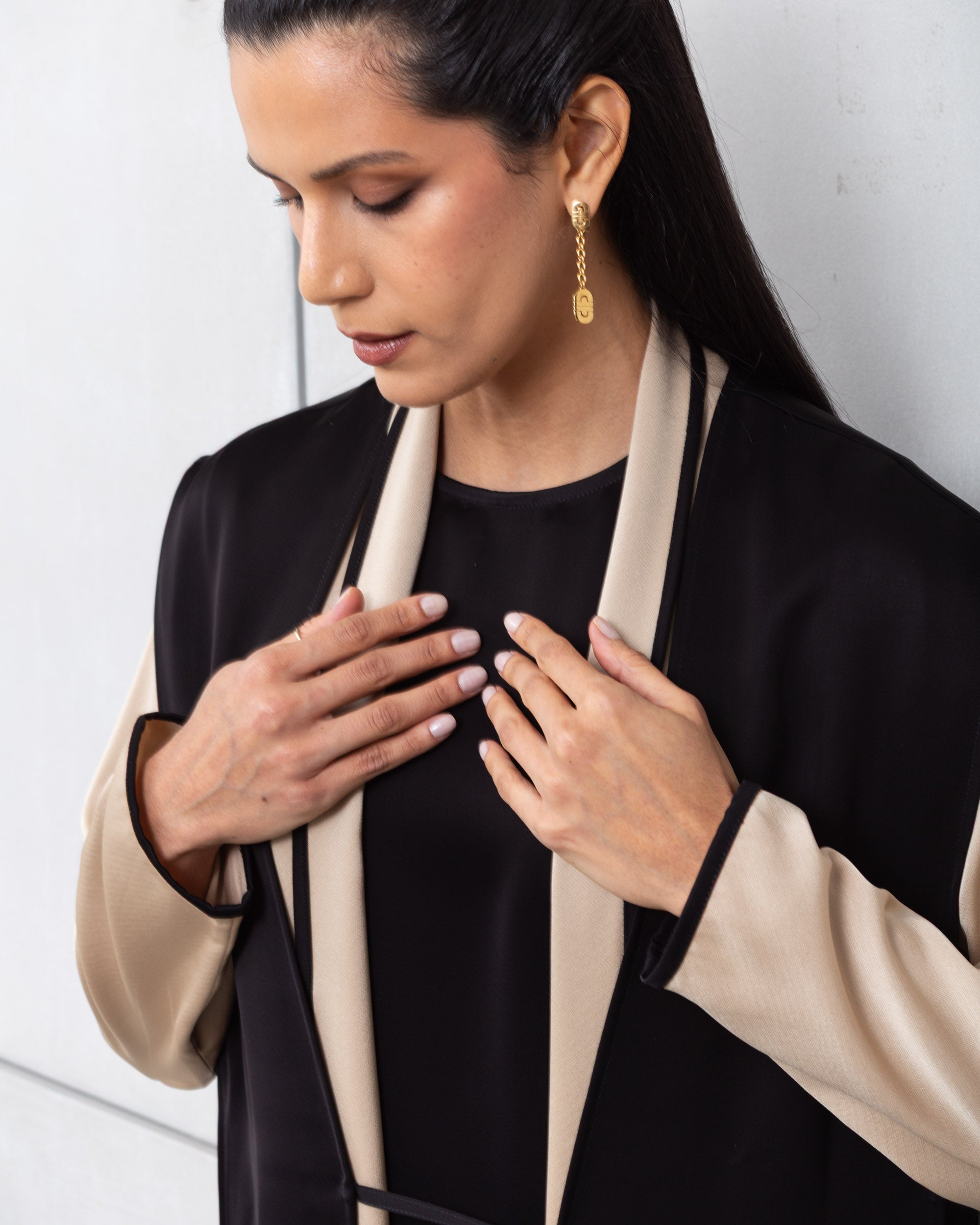 Set: Sand Loose Cut Abaya with Black Cardigan RTW