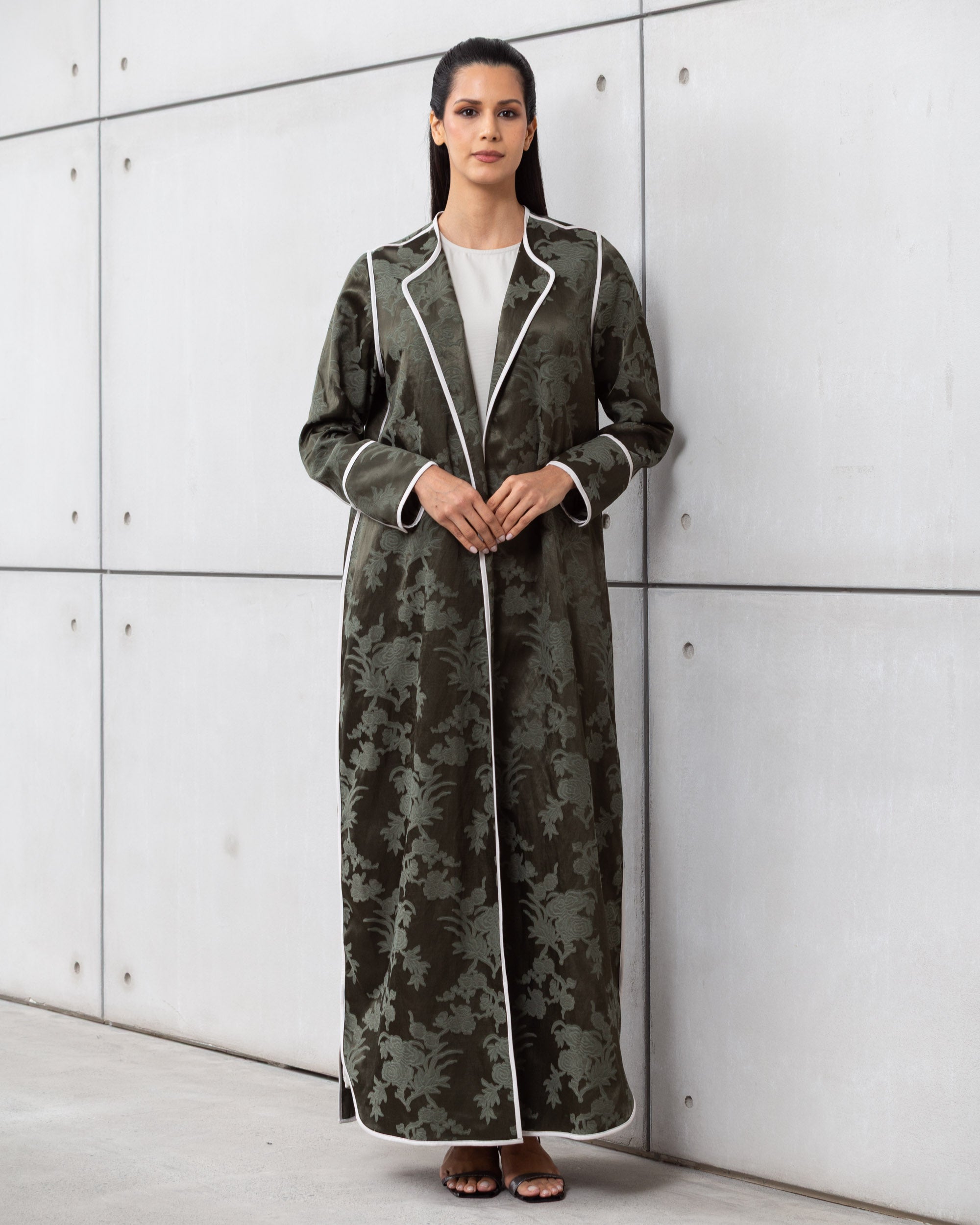 Structured Jacquard Abaya in Green with Detailing