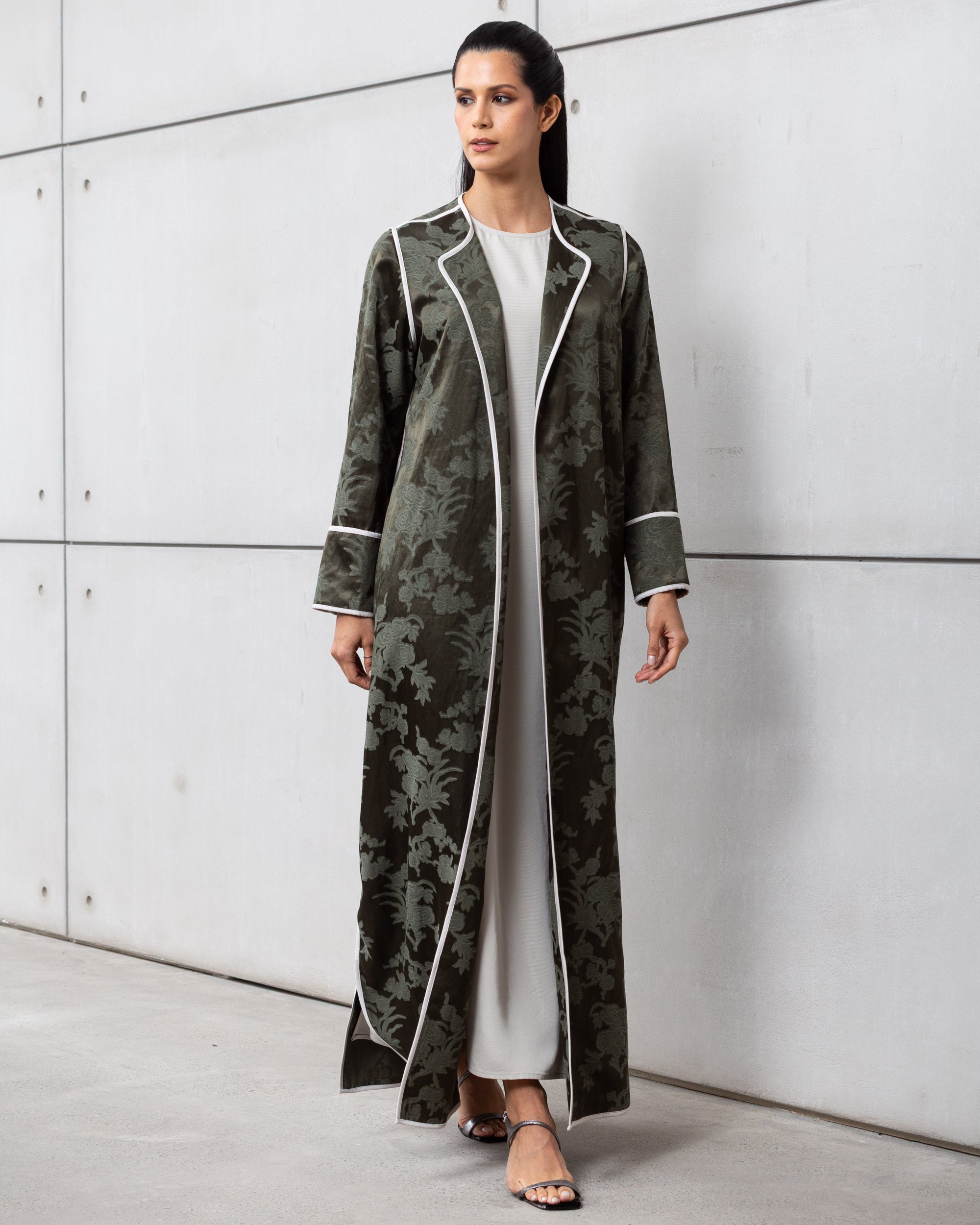 Structured Jacquard Abaya in Green with Detailing