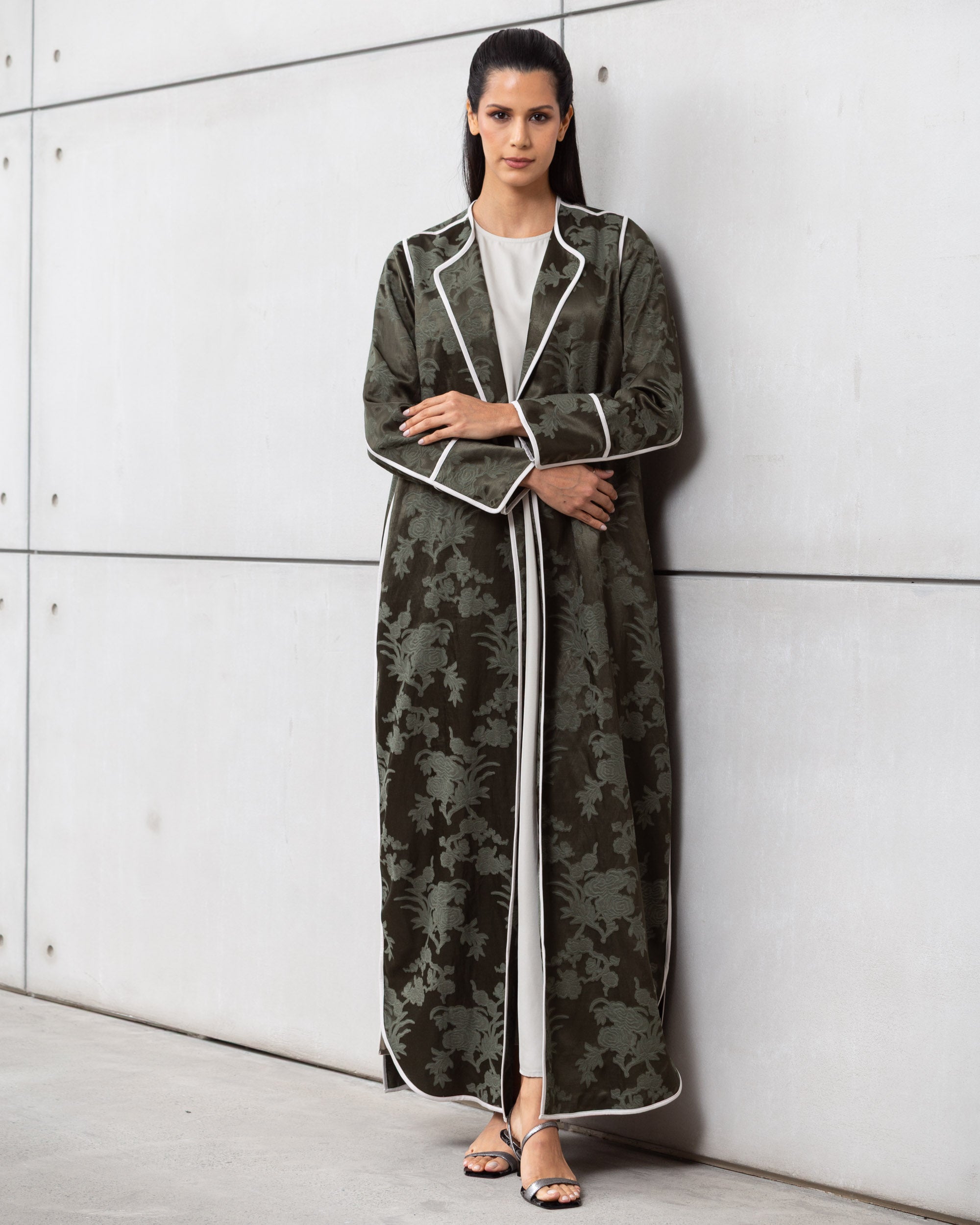 Structured Jacquard Abaya in Green with Detailing