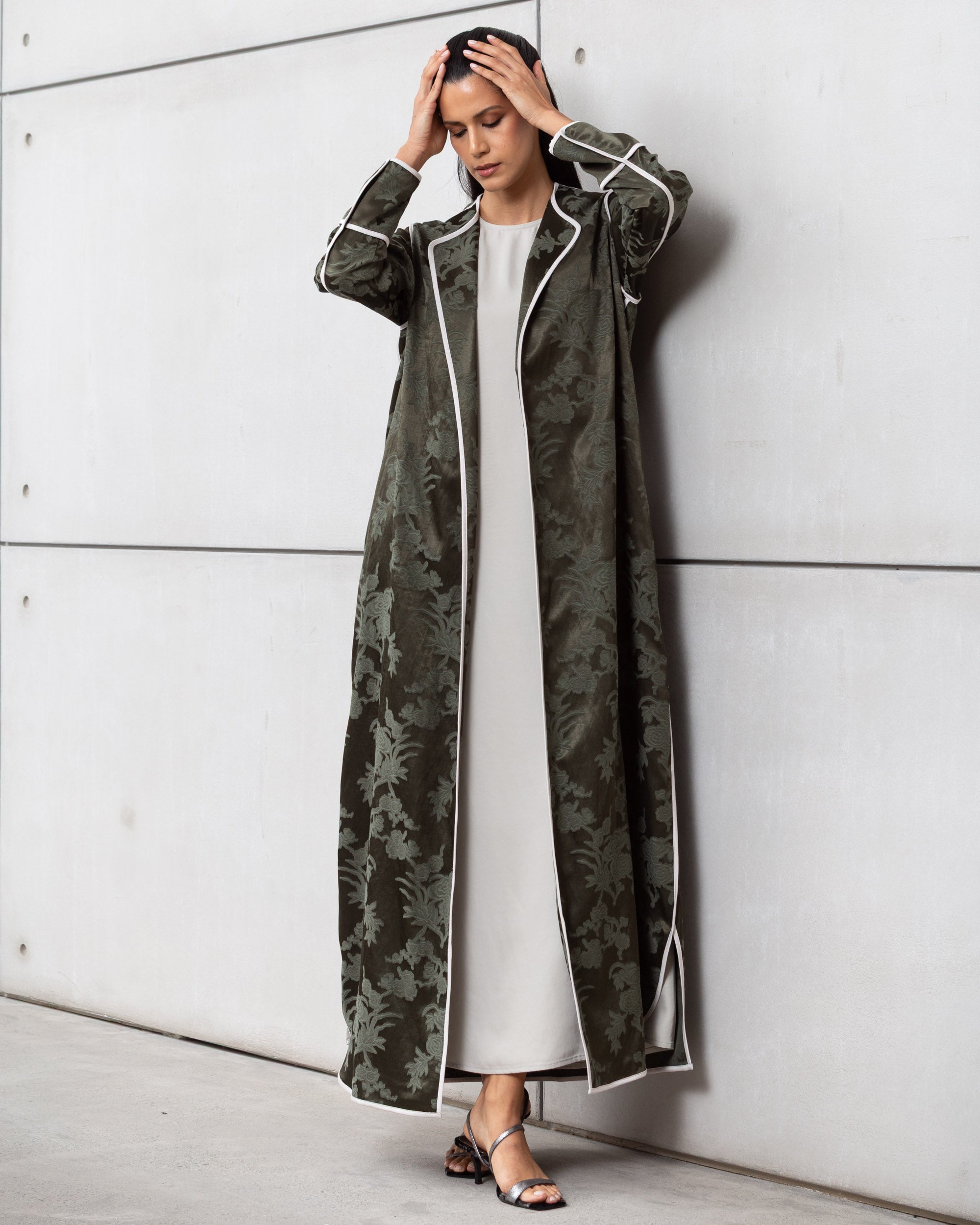 Structured Jacquard Abaya in Green with Detailing