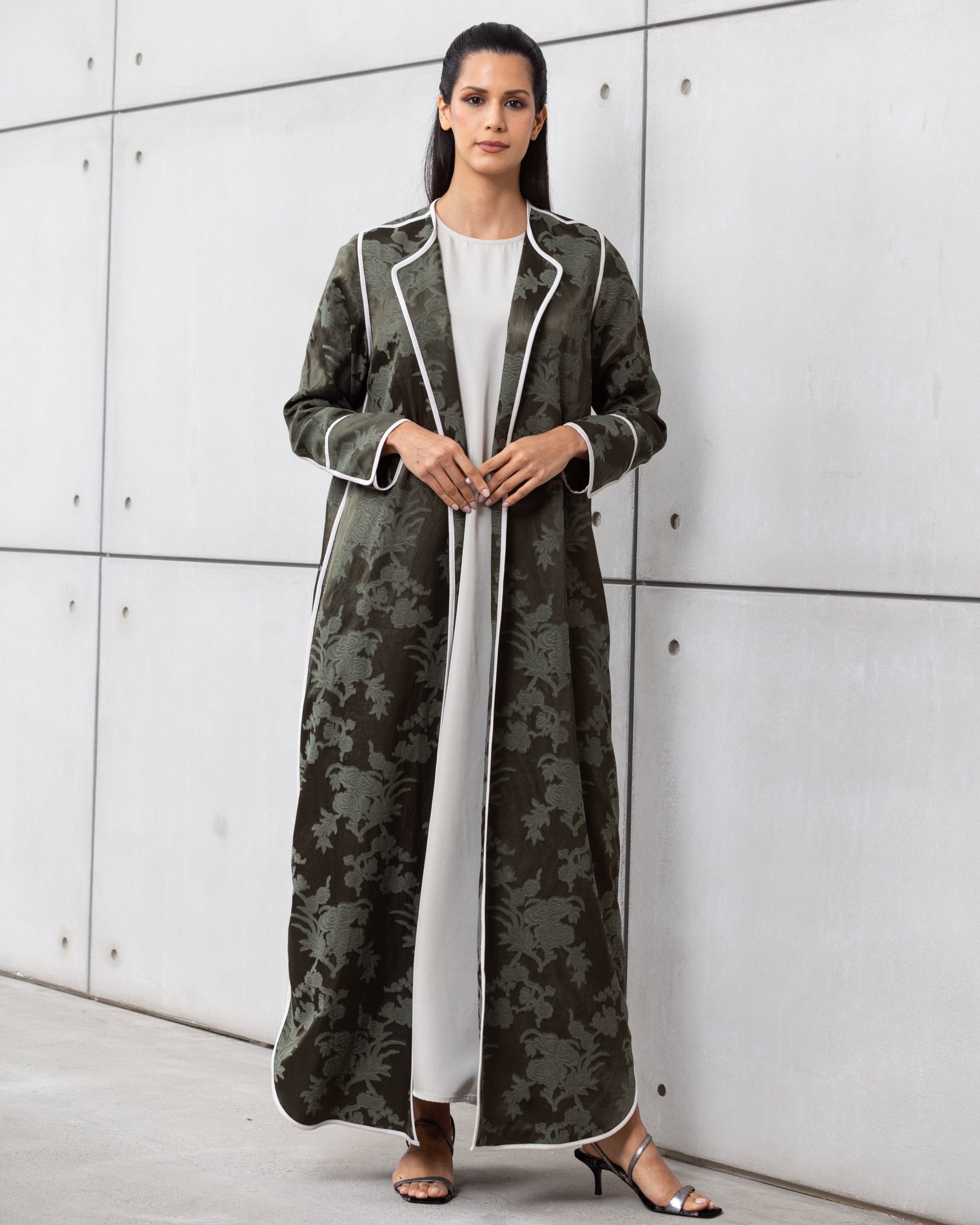 Structured Jacquard Abaya in Green with Detailing