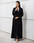 Double Button Palm Pattern Jacquard Abaya in Black RTW