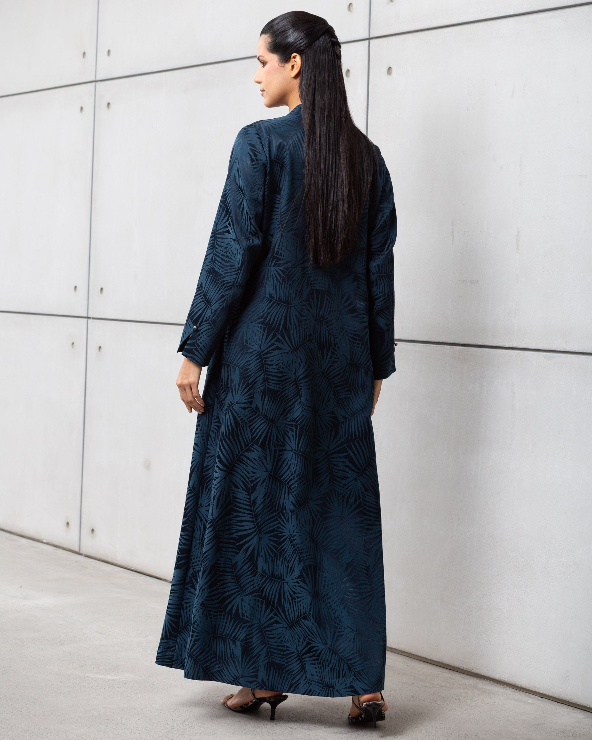 Blue Palm Jacquard Double Button Abaya