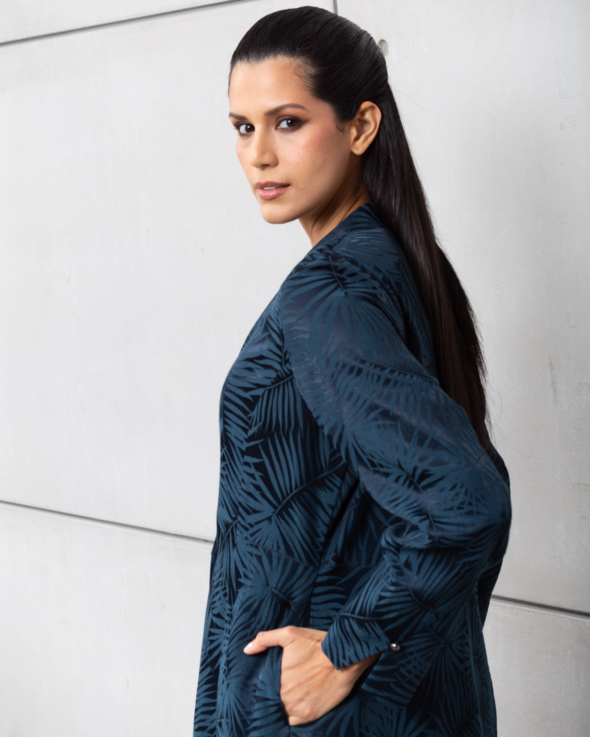 Blue Palm Jacquard Double Button Abaya