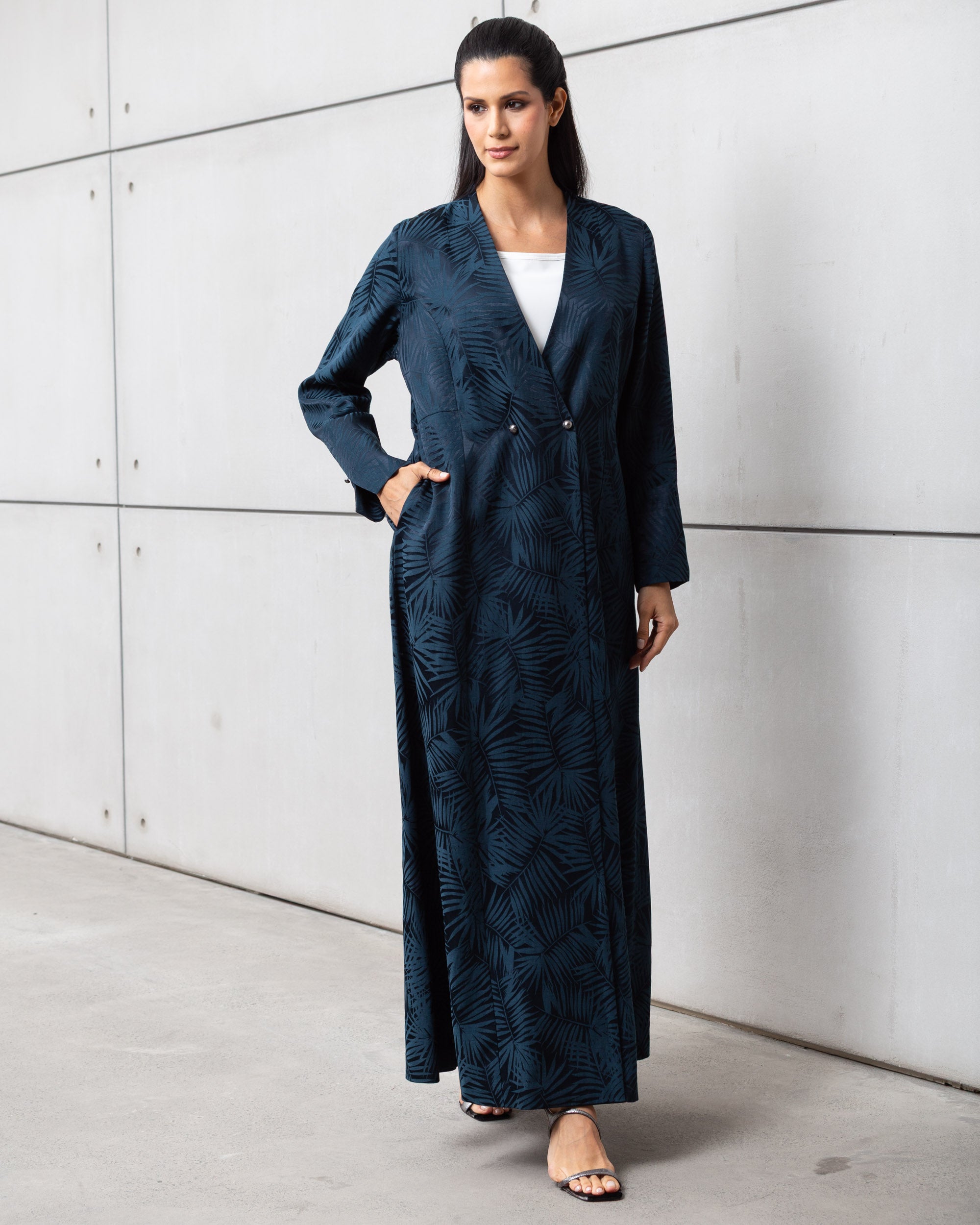 Blue Palm Jacquard Double Button Abaya