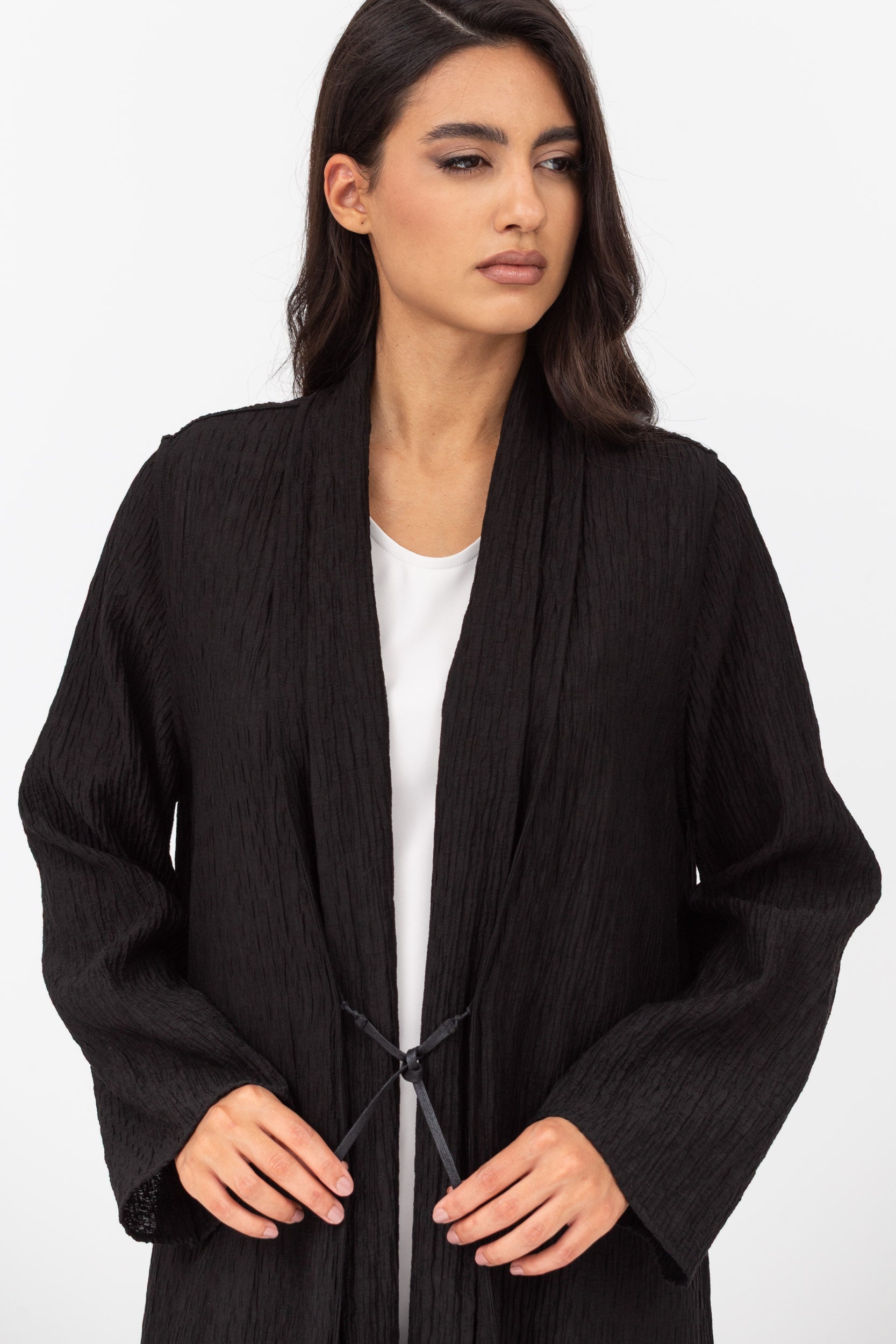 Loose Cut Textured Black Abaya with Japanese Tie Up
