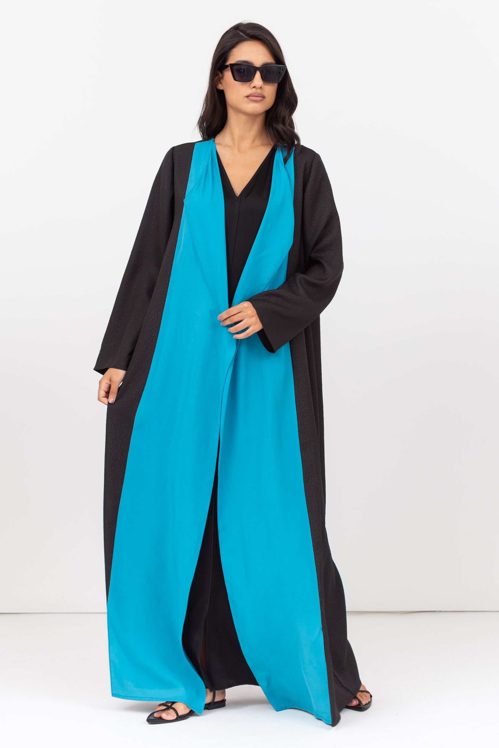 Two Tone Abaya in Turquoise and Textured Black