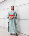 Luxury Silk Kaftan in Pistachio with Red
