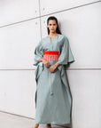 Luxury Silk Kaftan in Pistachio with Red