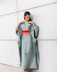 Luxury Silk Kaftan in Pistachio with Red
