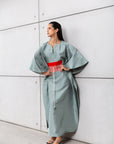 Luxury Silk Kaftan in Pistachio with Red