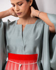 Luxury Silk Kaftan in Pistachio with Red