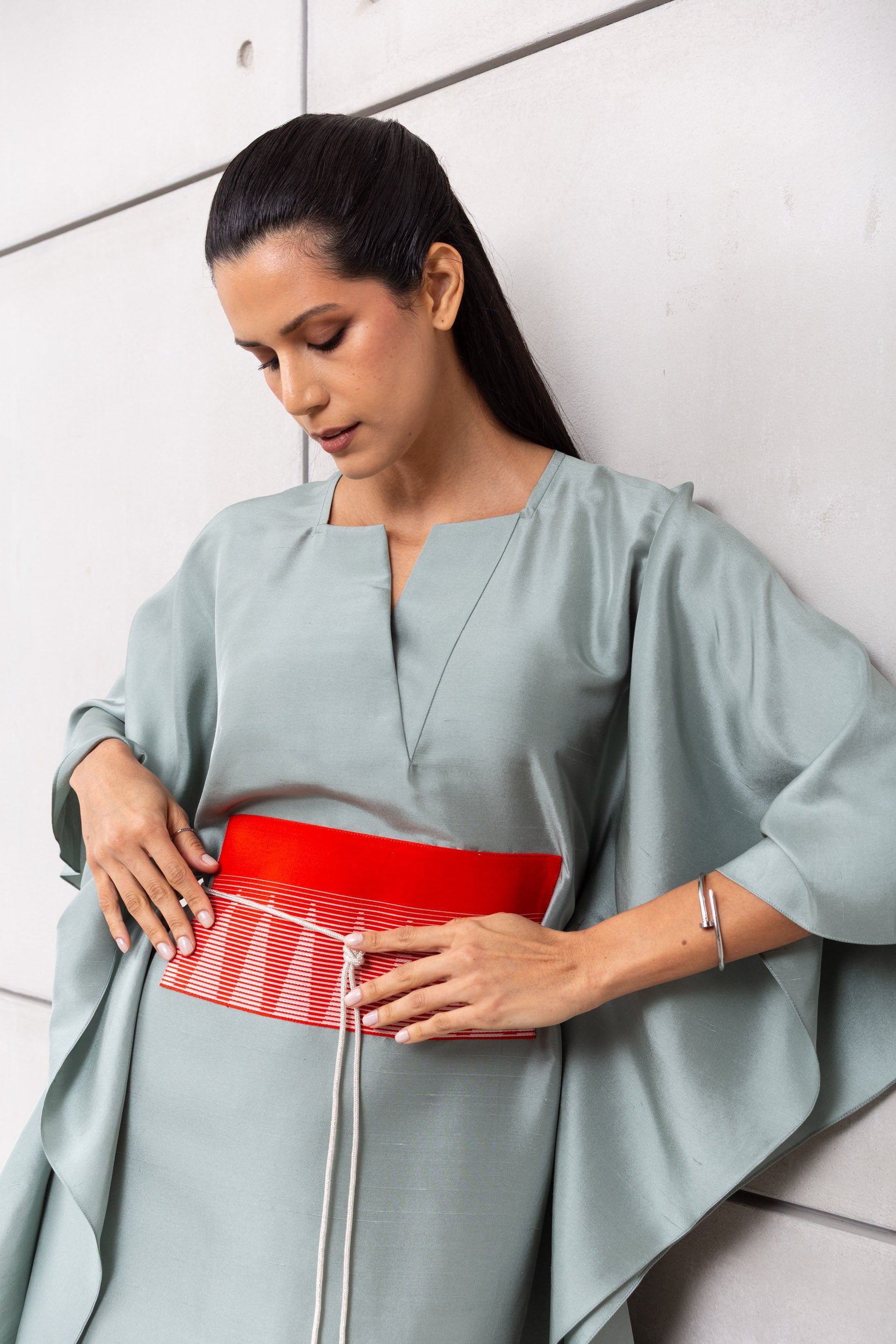 Luxury Silk Kaftan in Pistachio with Red RTW