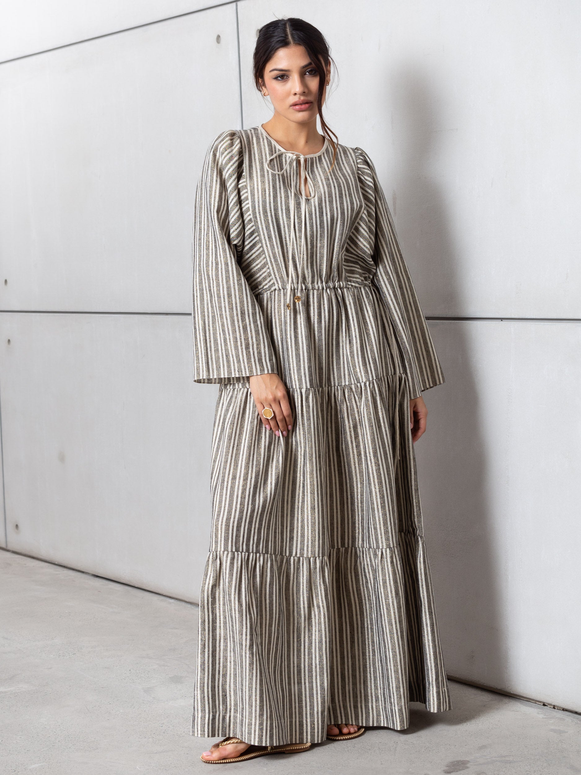the dress that is gold and white Striped Kaftan Dress in Golden Sand