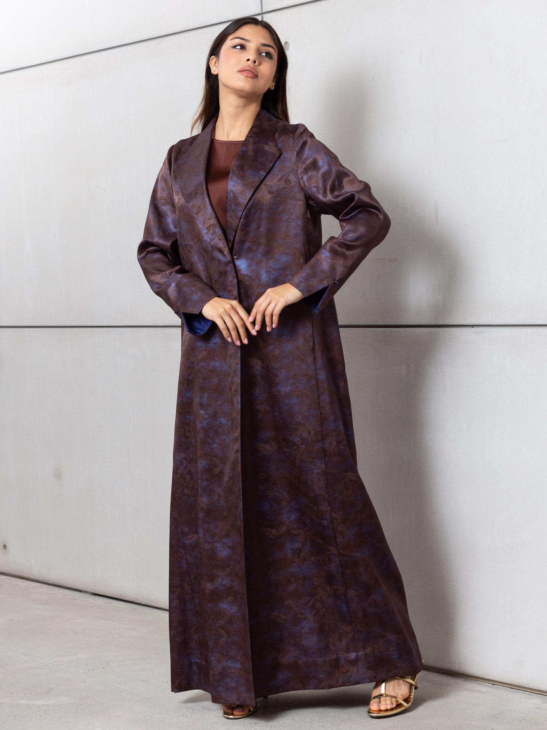 Satin Blazer Abaya in Blue Bronze