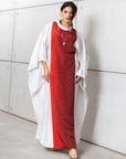 Silk Kaftan in Silver Gray with Red