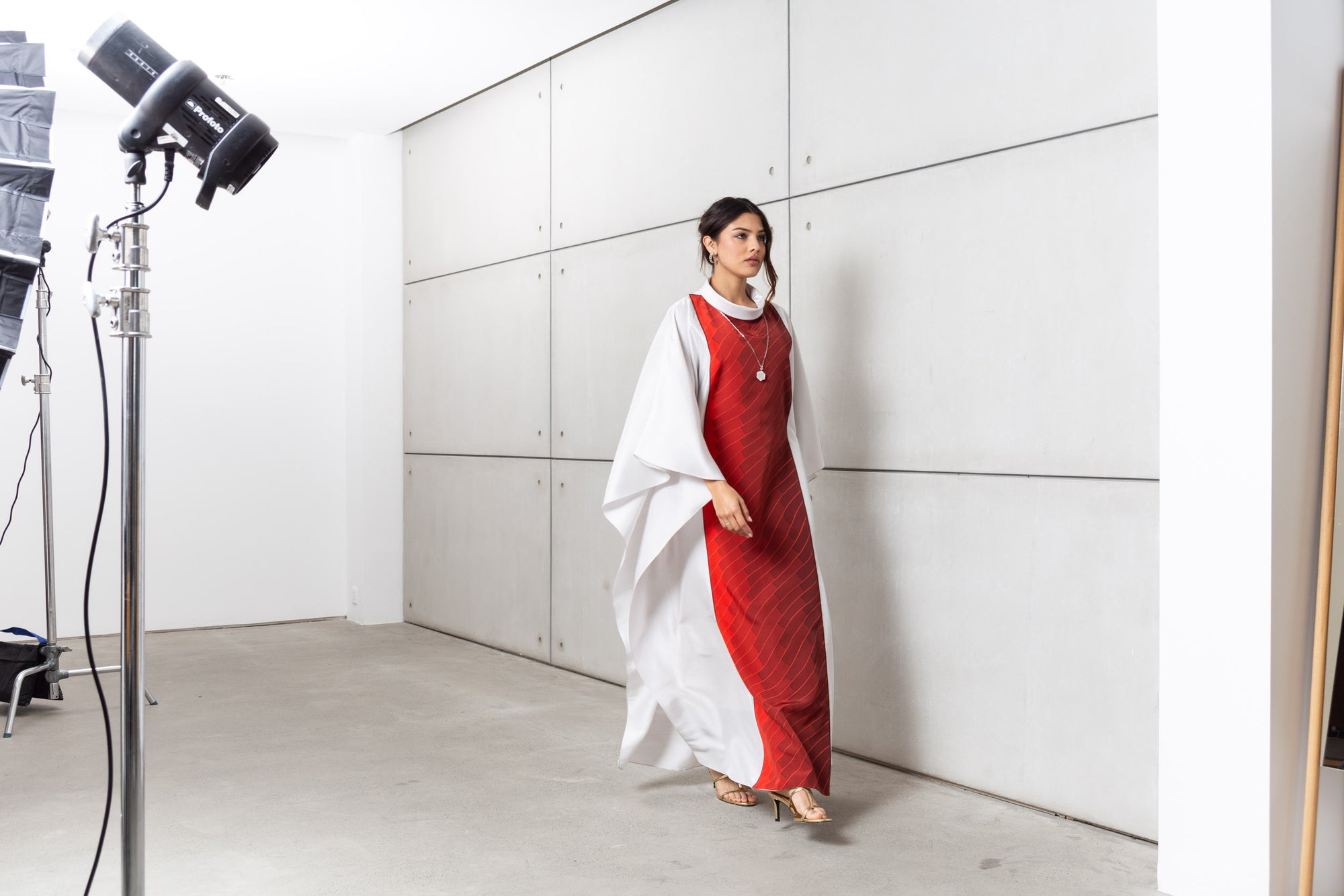 Silk Kaftan in Silver Gray with Red