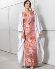 Silk Kaftan in Light Silver Gray with Pink Floral Panel
