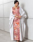 Silk Kaftan in Light Silver Gray with Pink Floral Panel