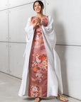 Silk Kaftan in Light Silver Gray with Pink Floral Panel