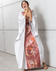Silk Kaftan in Light Silver Gray with Pink Floral Panel