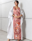 Silk Kaftan in Light Silver Gray with Pink Floral Panel