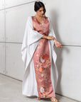 Silk Kaftan in Light Silver Gray with Pink Floral Panel