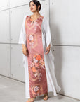 Silk Kaftan in Light Silver Gray with Pink Floral Panel