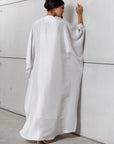 Silk Kaftan in Light Silver Gray with Pink Floral Panel