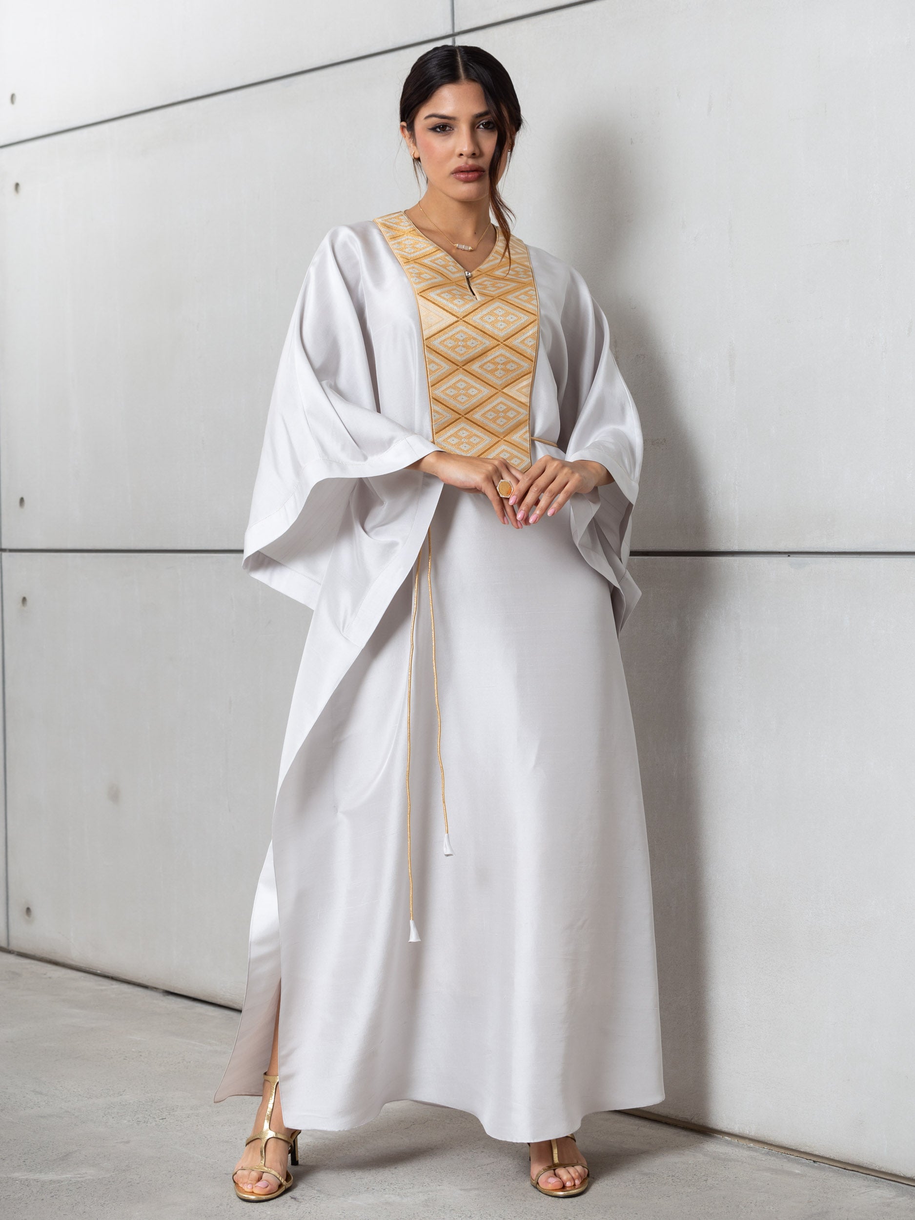 Silk Kaftan in Light Silver Gray with Gold Embroidery RTW