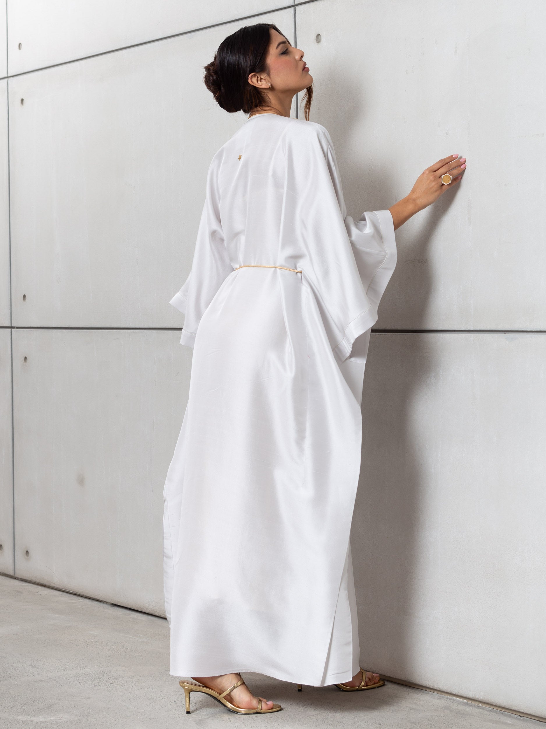 Silk Kaftan in Light Silver Gray with Gold Embroidery RTW