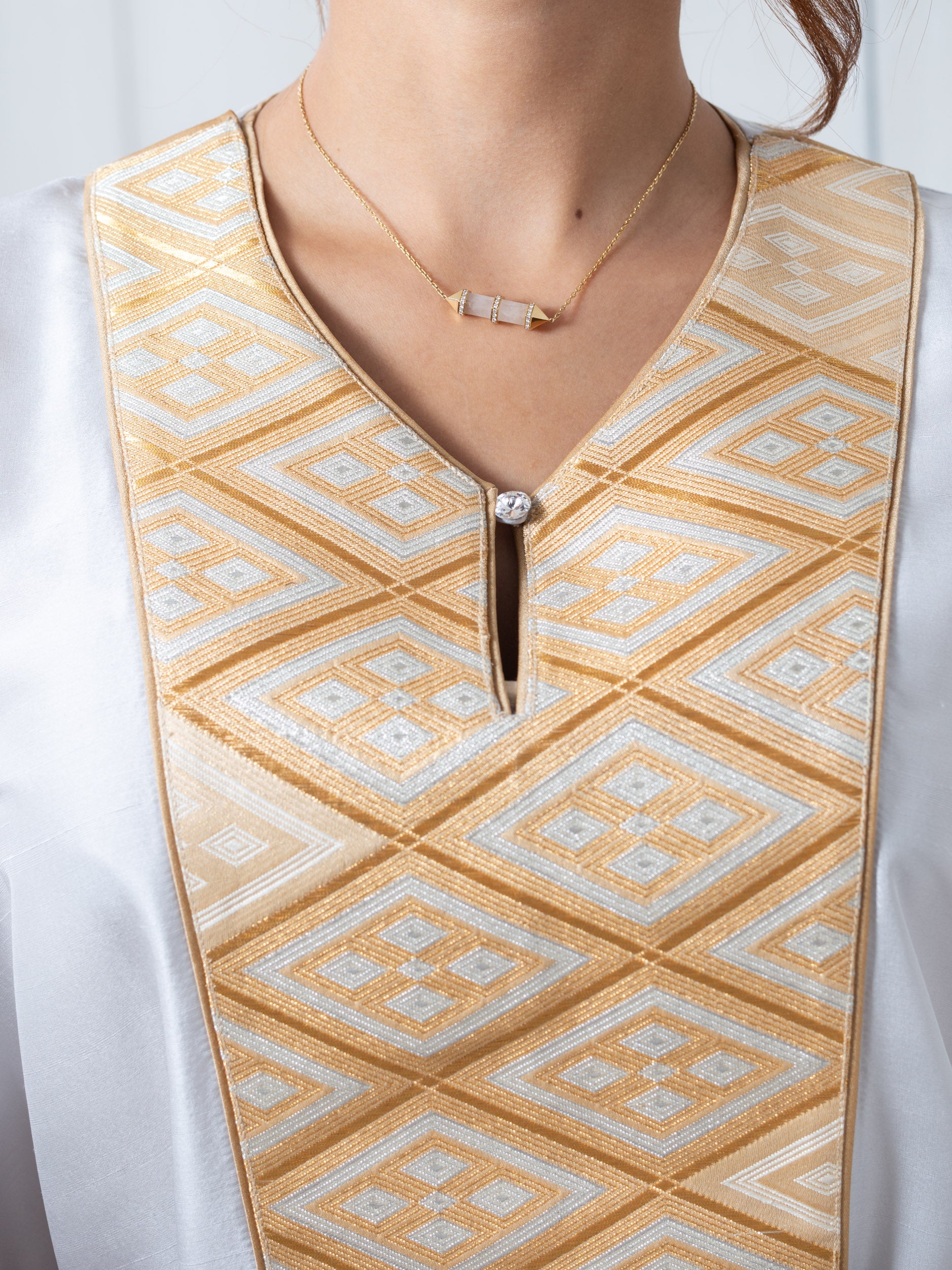 Silk Kaftan in Light Silver Gray with Gold Embroidery RTW