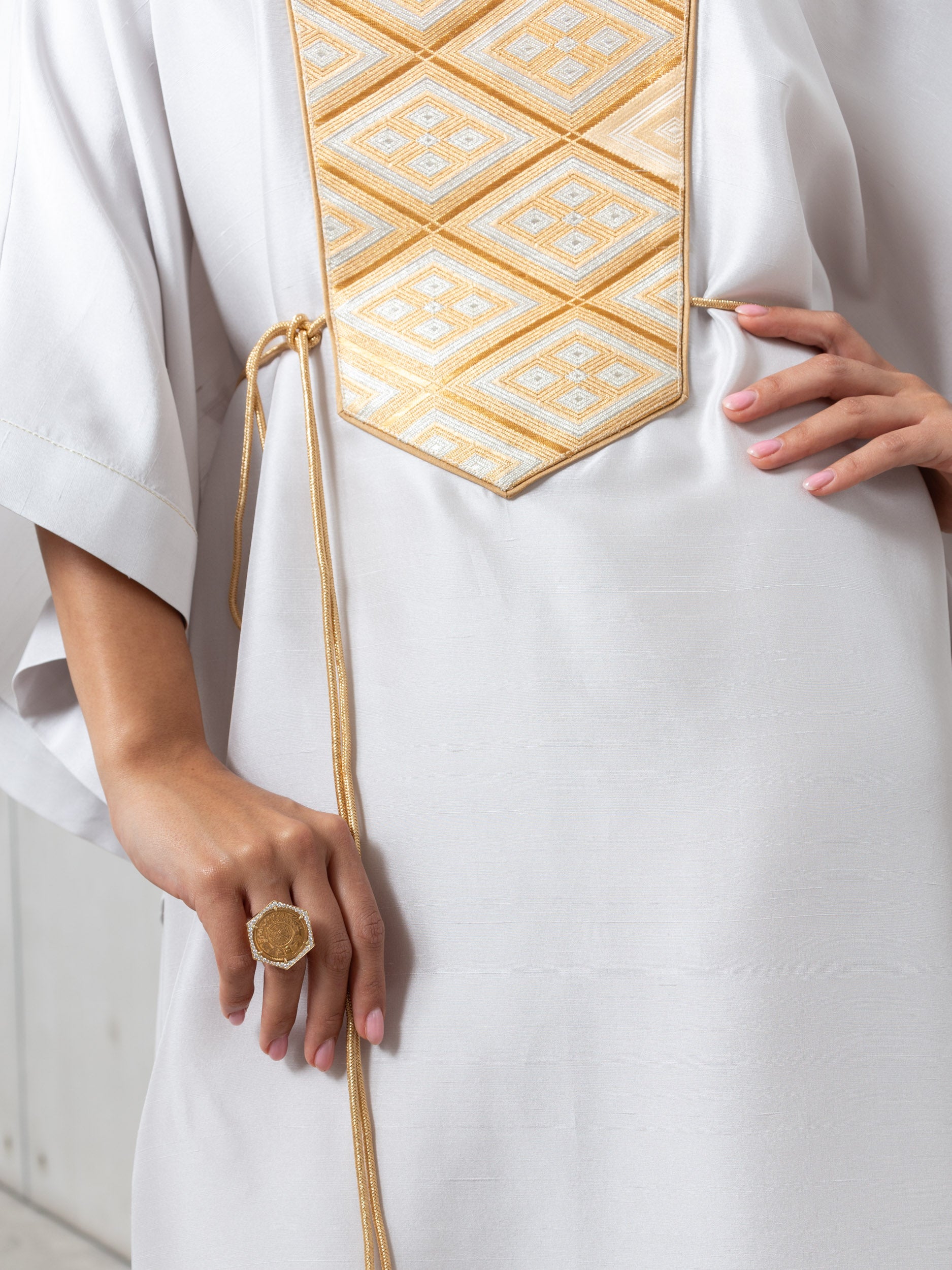 Silk Kaftan in Light Silver Gray with Gold Embroidery RTW
