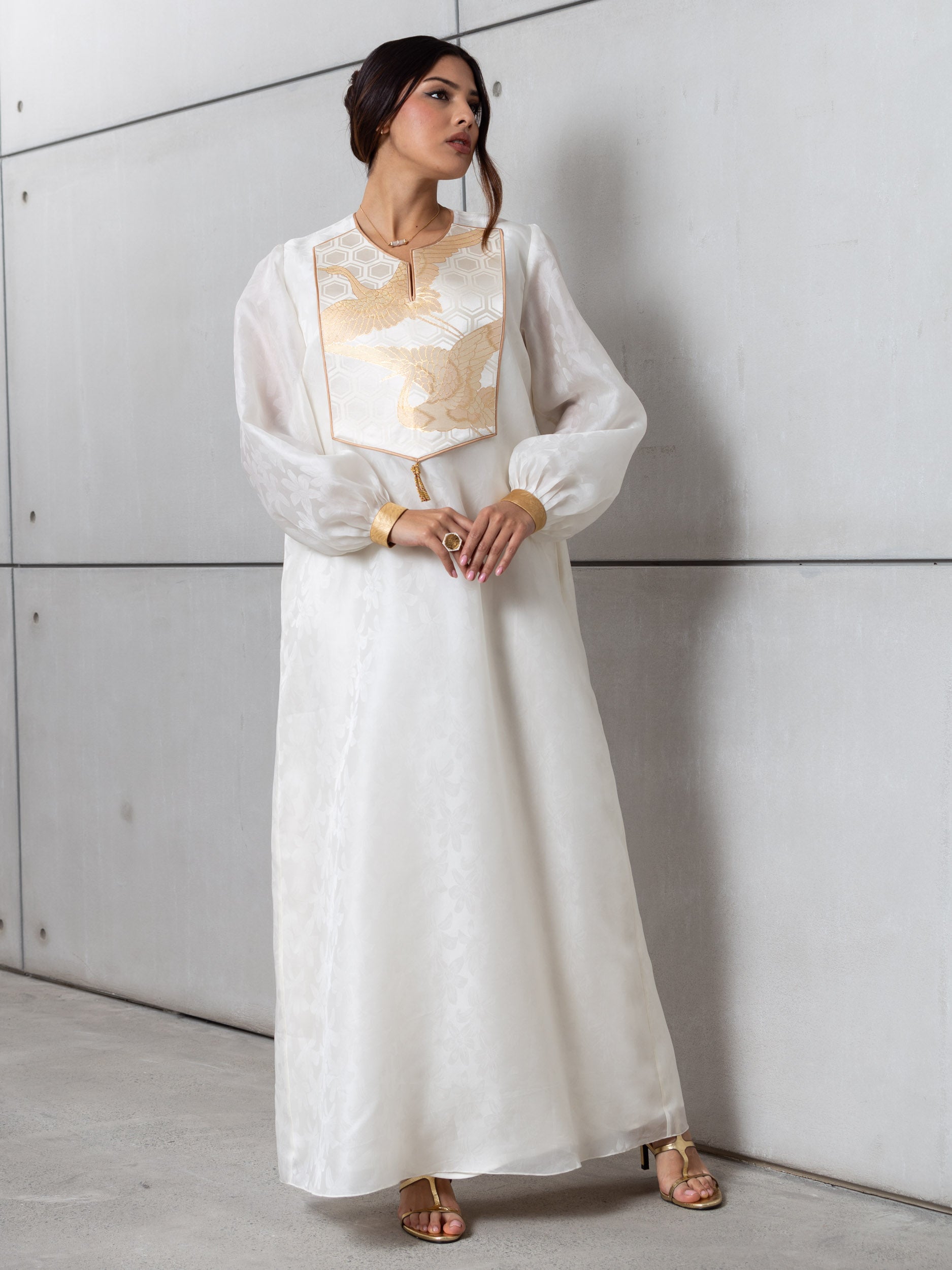 Silk Organza in White with Golden Cranes RTW