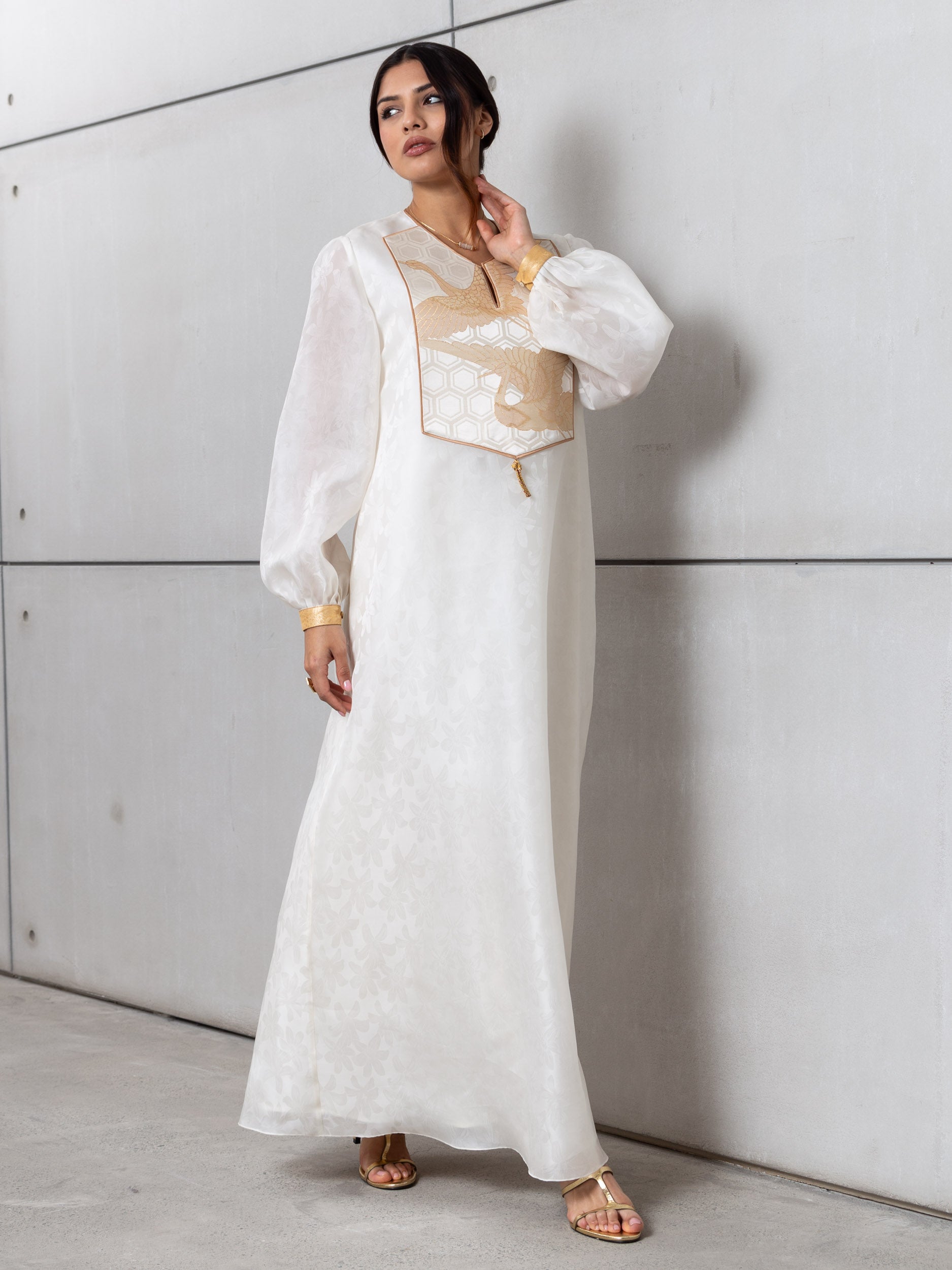 Silk Organza in White with Golden Cranes RTW