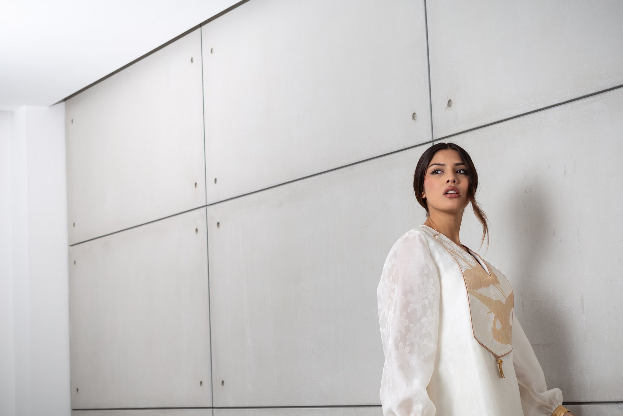 Silk Organza in White with Golden Cranes RTW