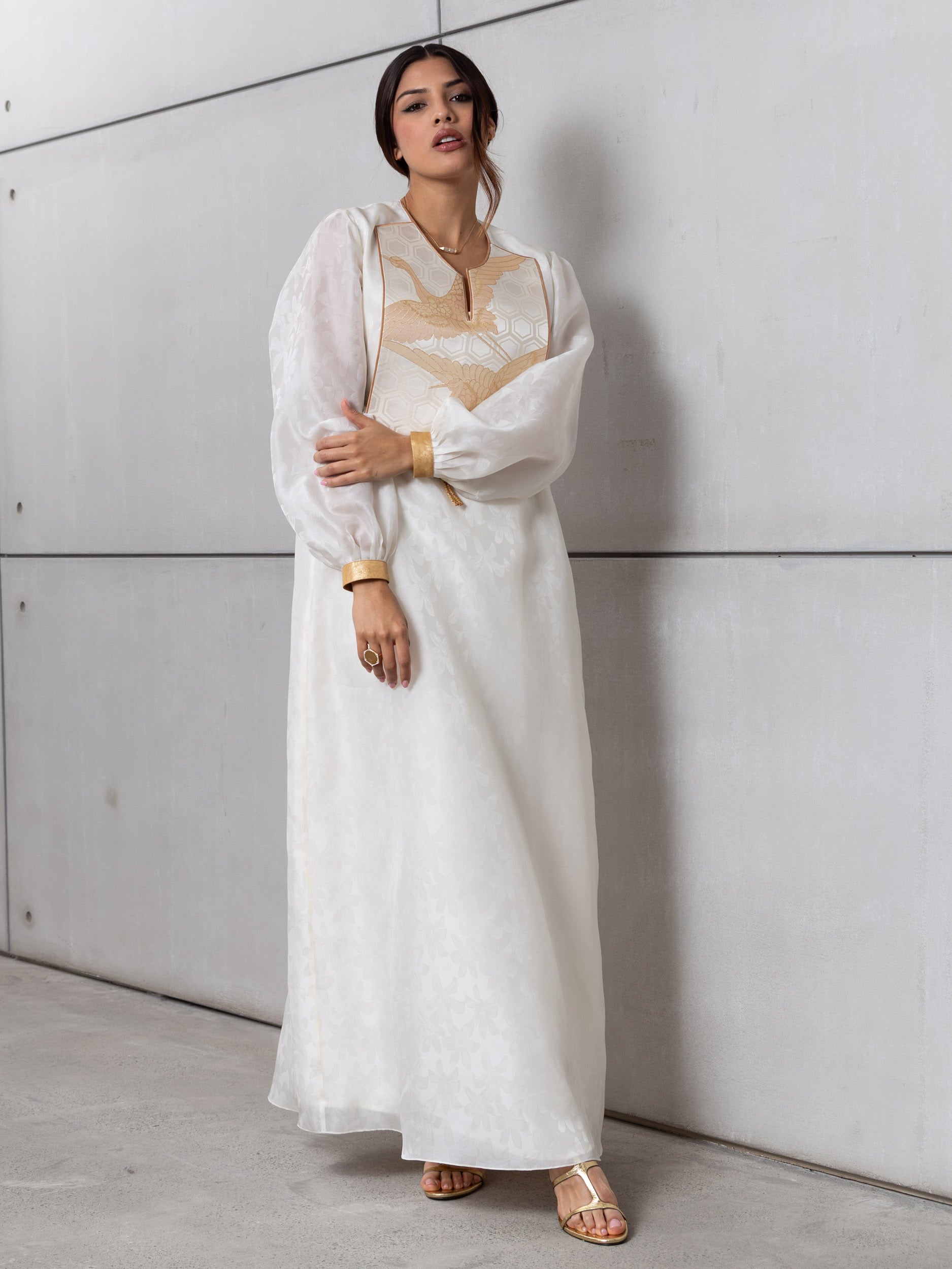 Silk Organza in White with Golden Cranes RTW