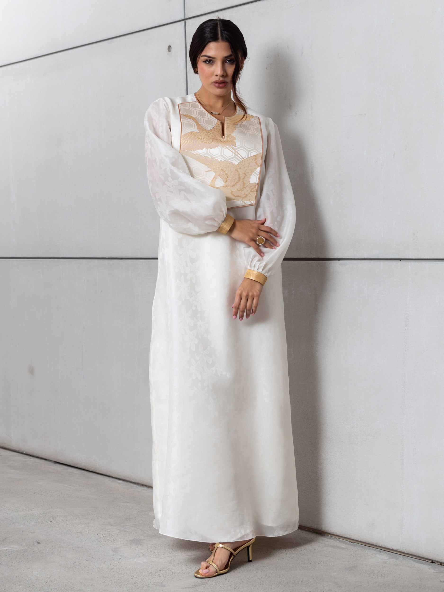 Silk Organza in White with Golden Cranes RTW